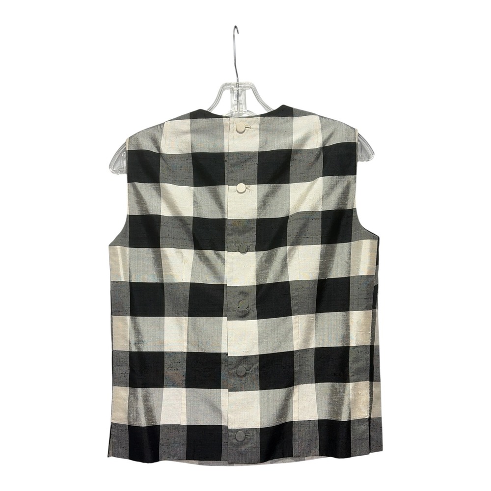 Vintage Silk Shantung Sleeveless Top Black Ivory Buffalo Plaid Button Back Shell
